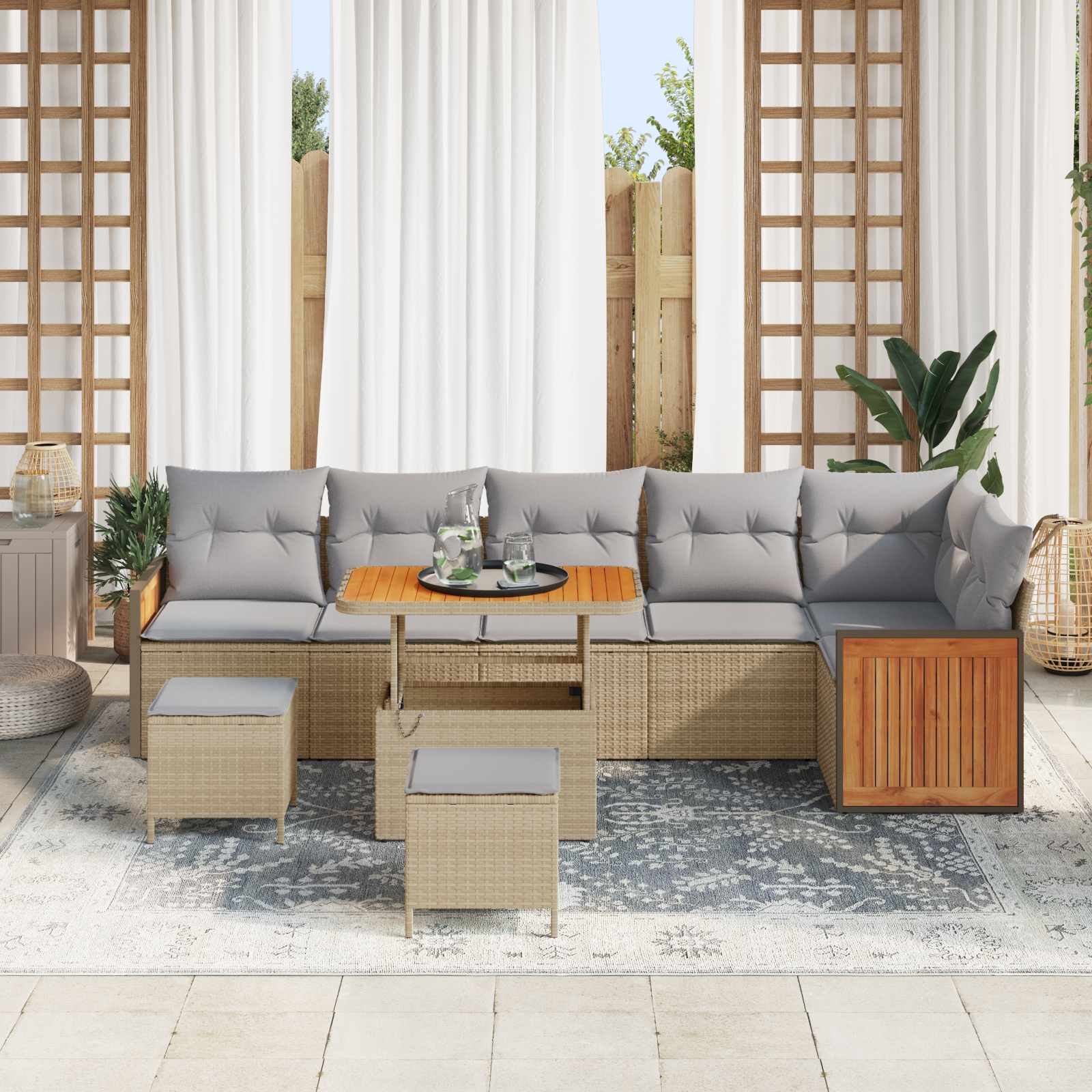 Gartensofa-set mit Kissen 9 pcs Beige und Hellgrau