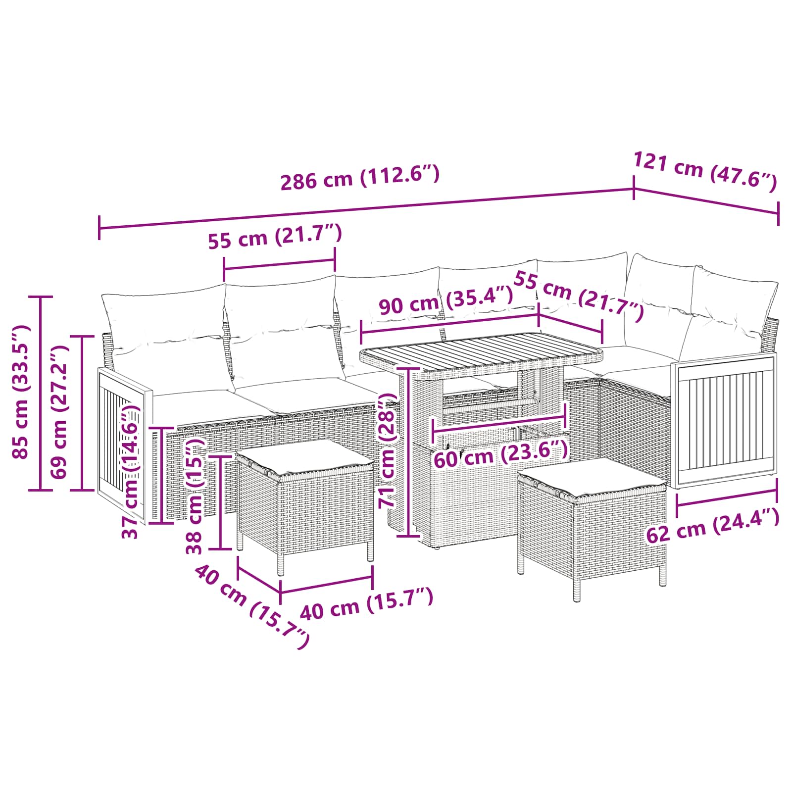 Gartensofa-set mit Kissen 9 pcs Beige und Hellgrau