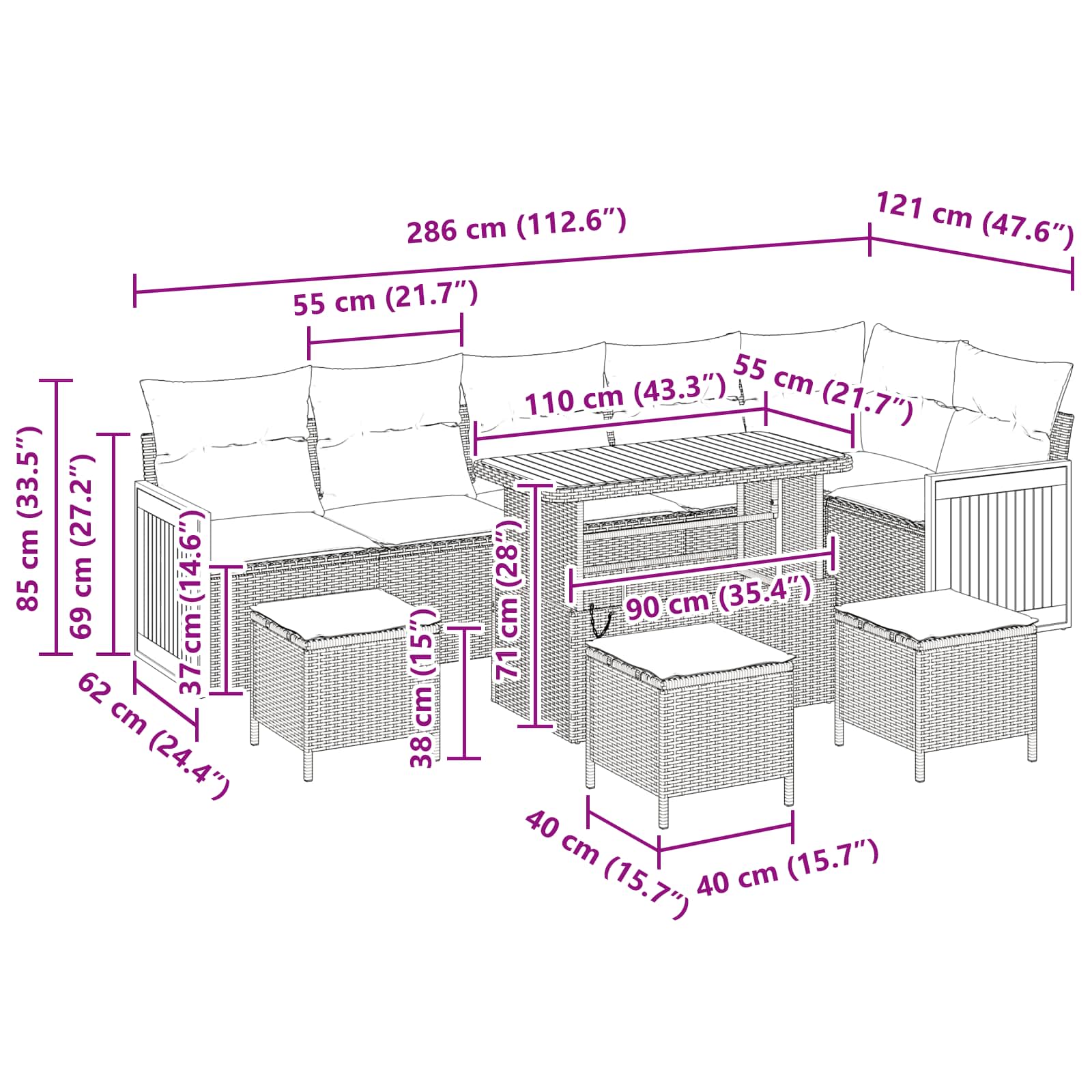 Gartensofa-set mit Kissen 10 pcs Schwarz