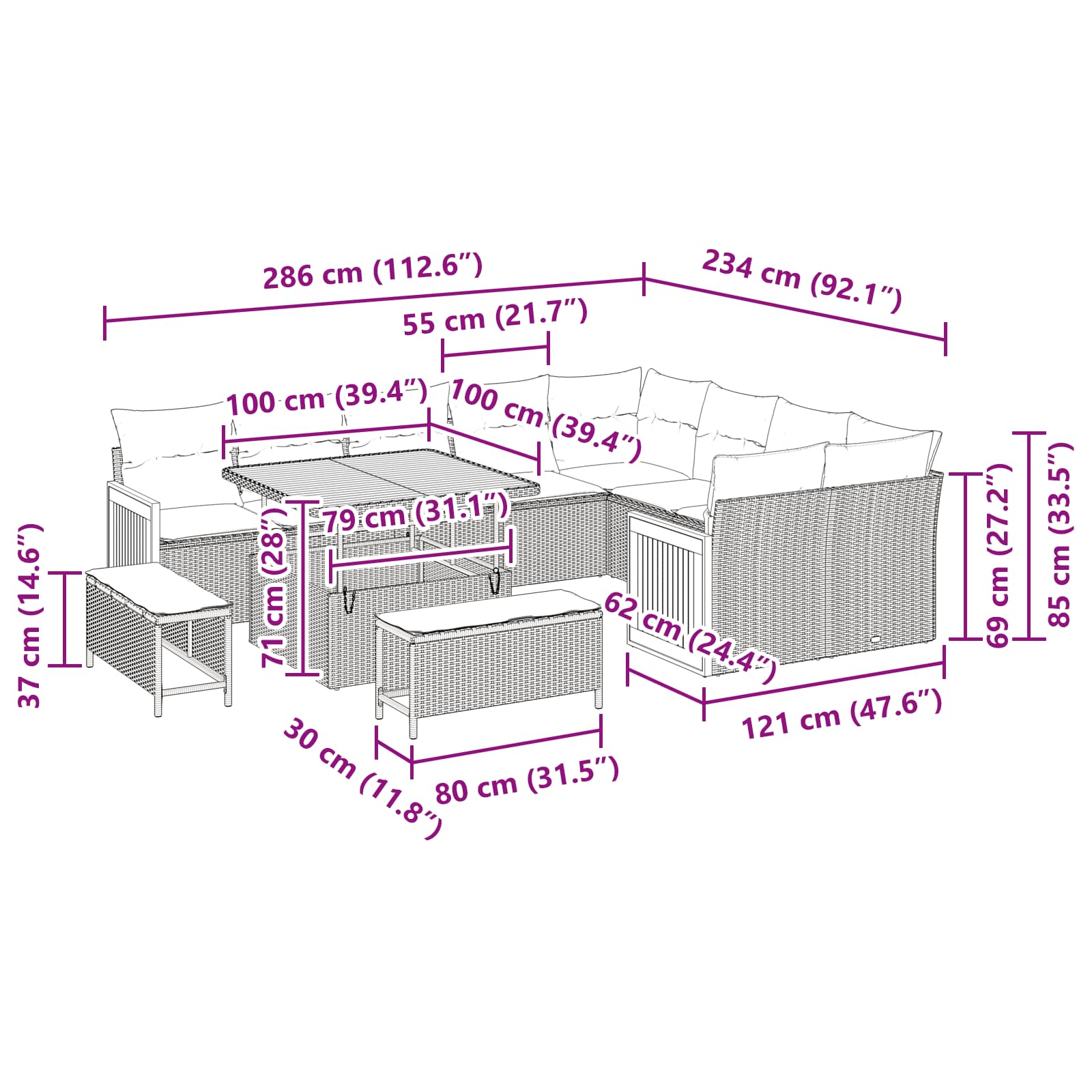 Gartensofa-set mit Kissen 12 pcs Grau