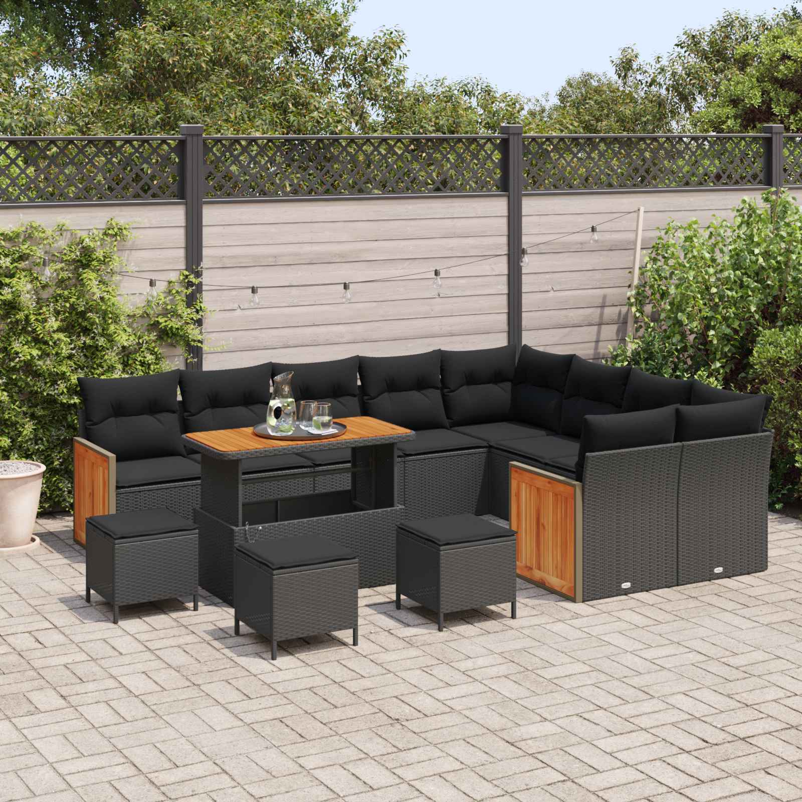 Gartensofa-set mit Kissen 13 pcs Schwarz
