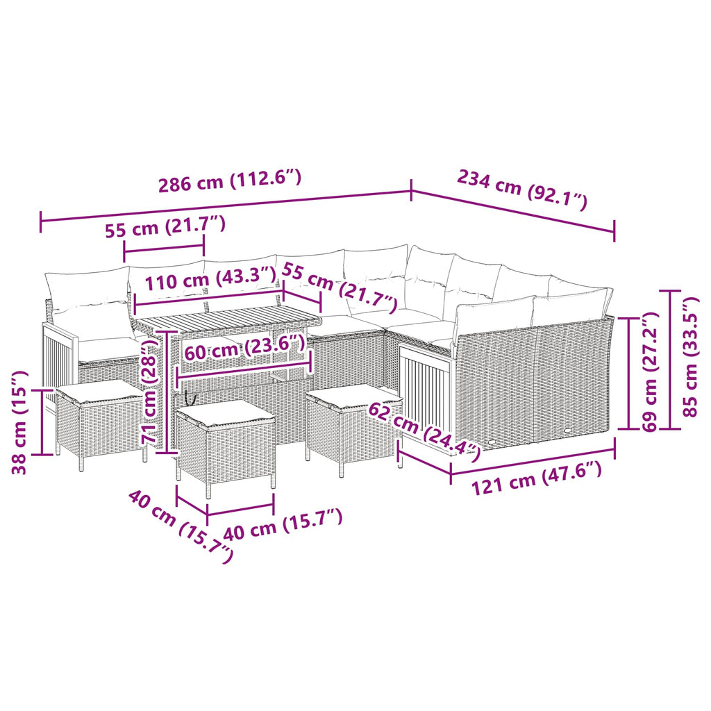 Gartensofa-set mit Kissen 13 pcs Beige und Creme