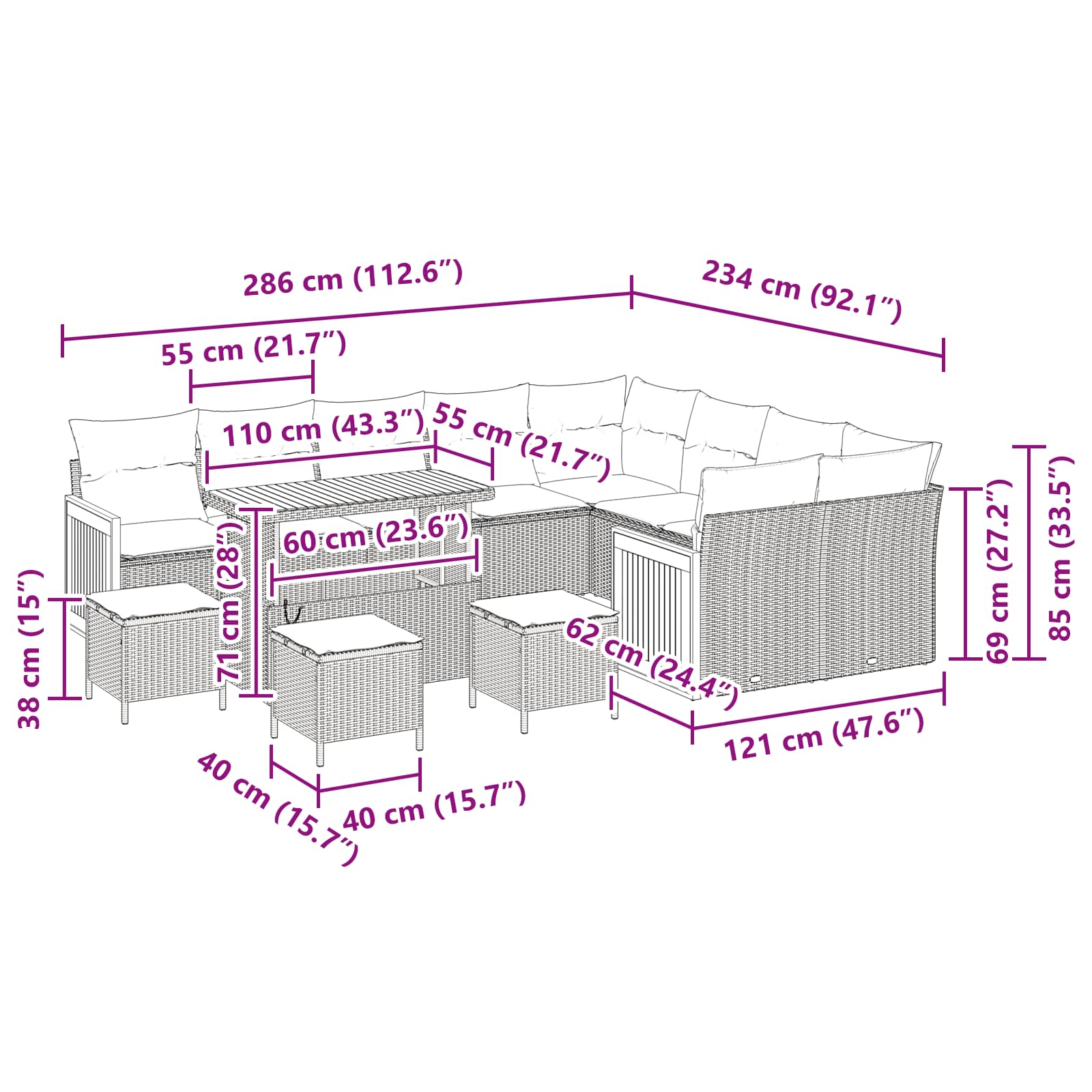 Gartensofa-set mit Kissen 13 pcs Grau