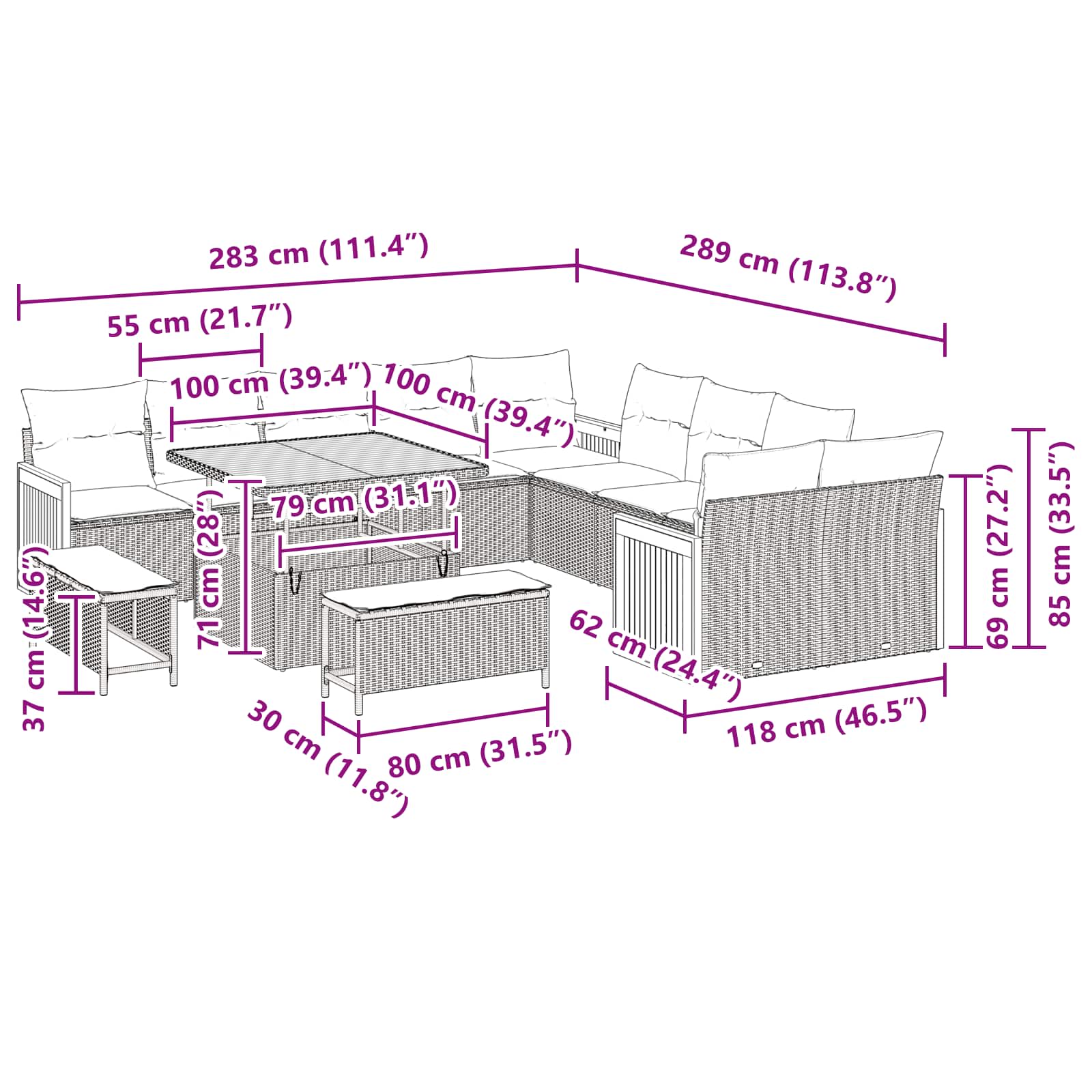 Gartensofa-set mit Kissen 13 pcs Schwarz