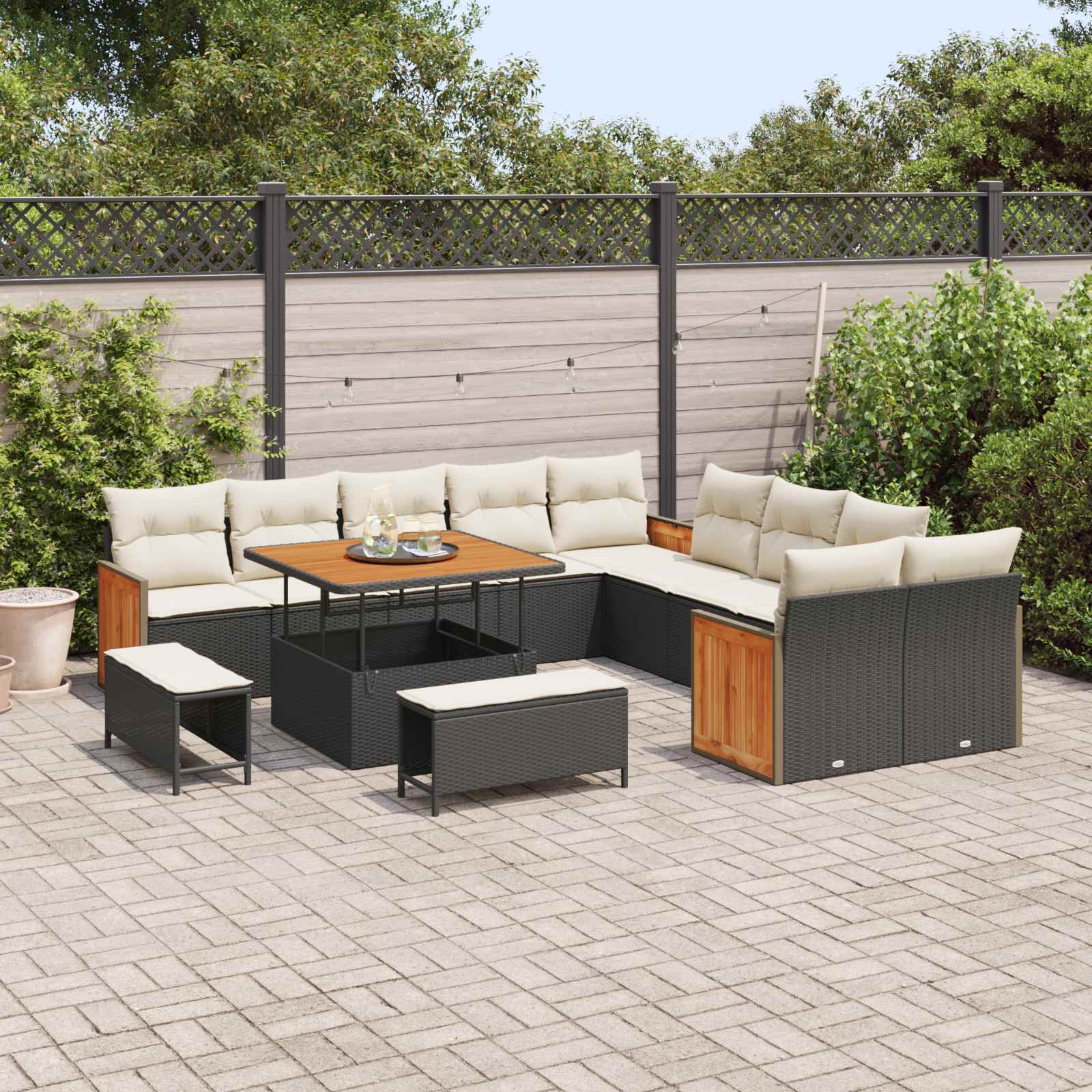 Gartensofa-set mit Kissen 13 pcs Schwarz und Creme