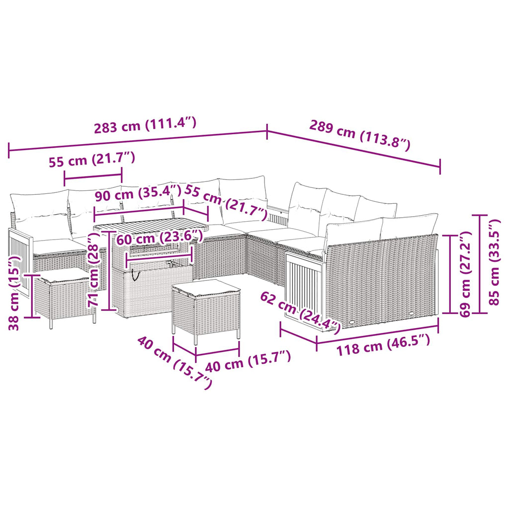 Gartensofa-set mit Kissen 13 pcs Schwarz
