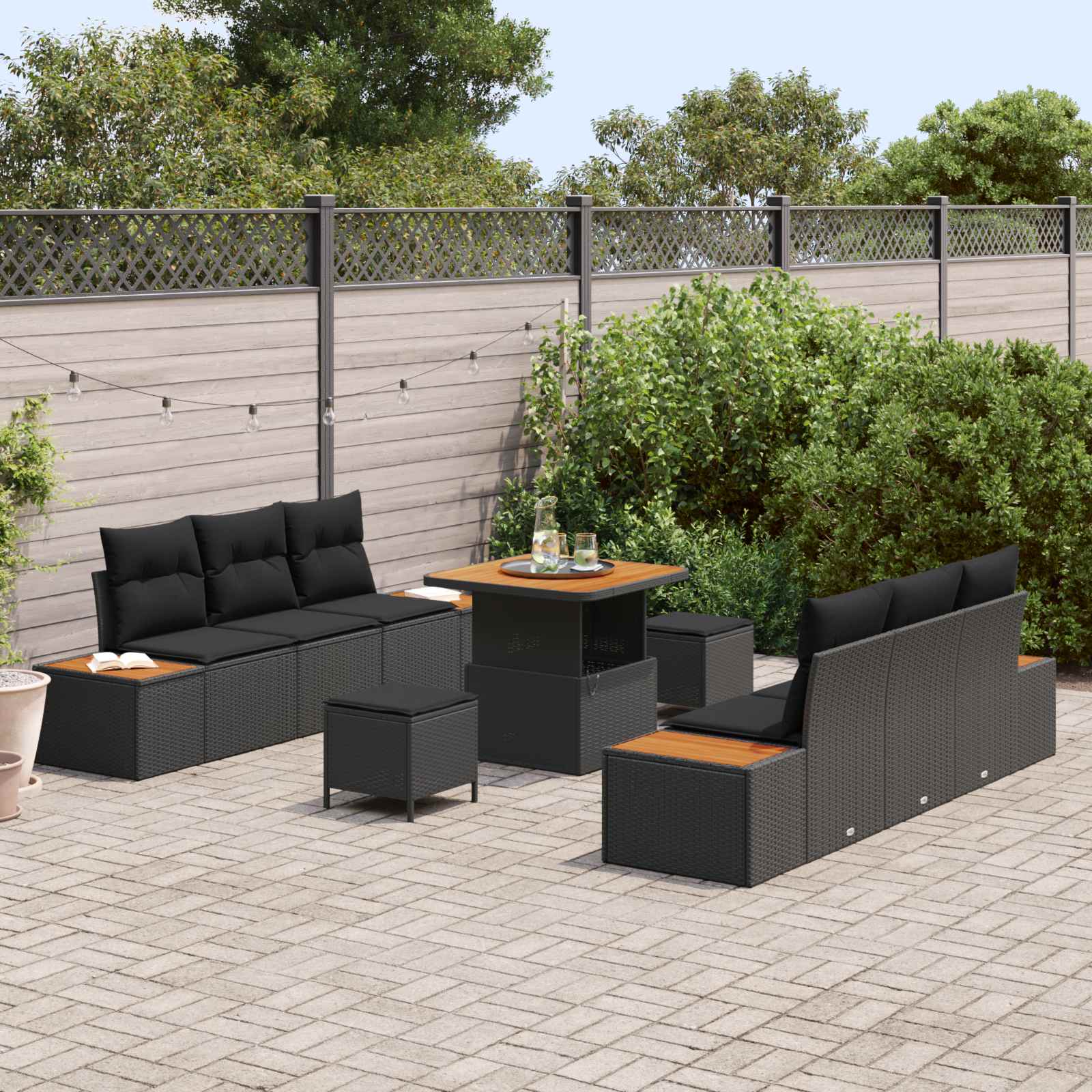 Gartensofa-set mit Kissen 9 pcs Schwarz
