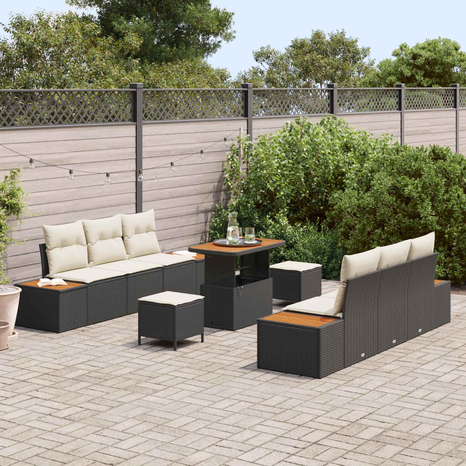 Gartensofa-set mit Kissen 9 pcs Schwarz und Creme