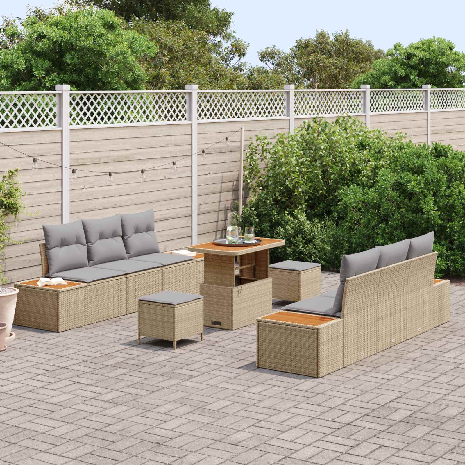 Gartensofa-set mit Kissen 9 pcs Beige und Hellgrau