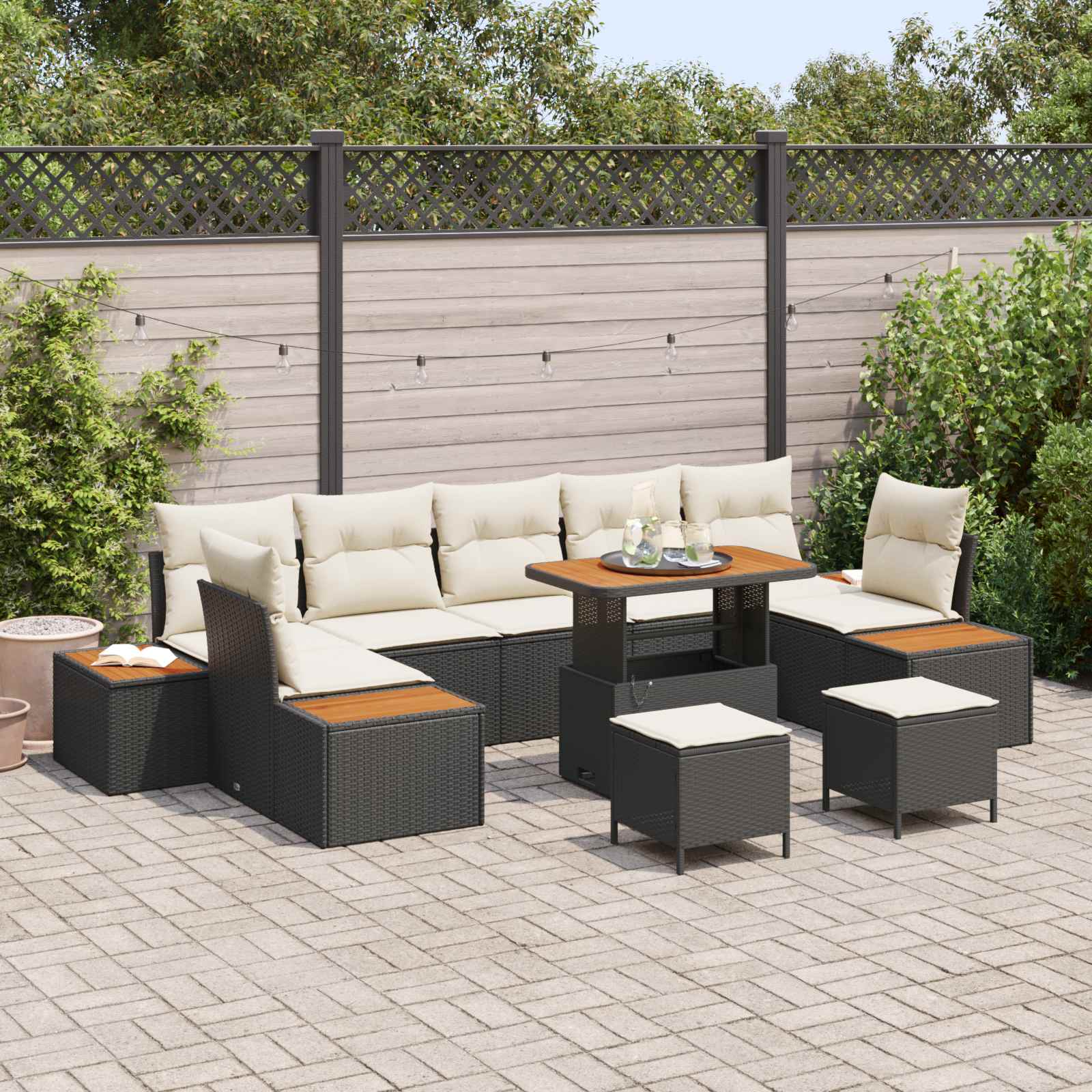 Gartensofa-set mit Kissen 10 pcs Schwarz und Creme