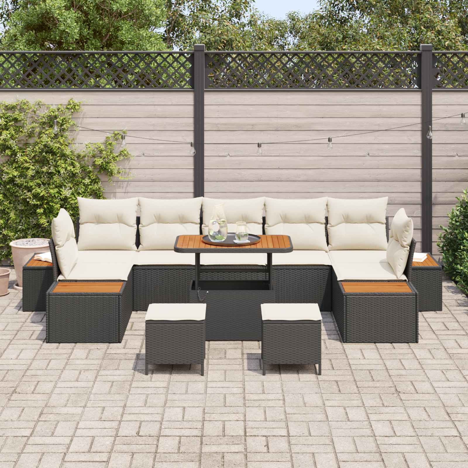 Gartensofa-set mit Kissen 10 pcs Schwarz und Creme