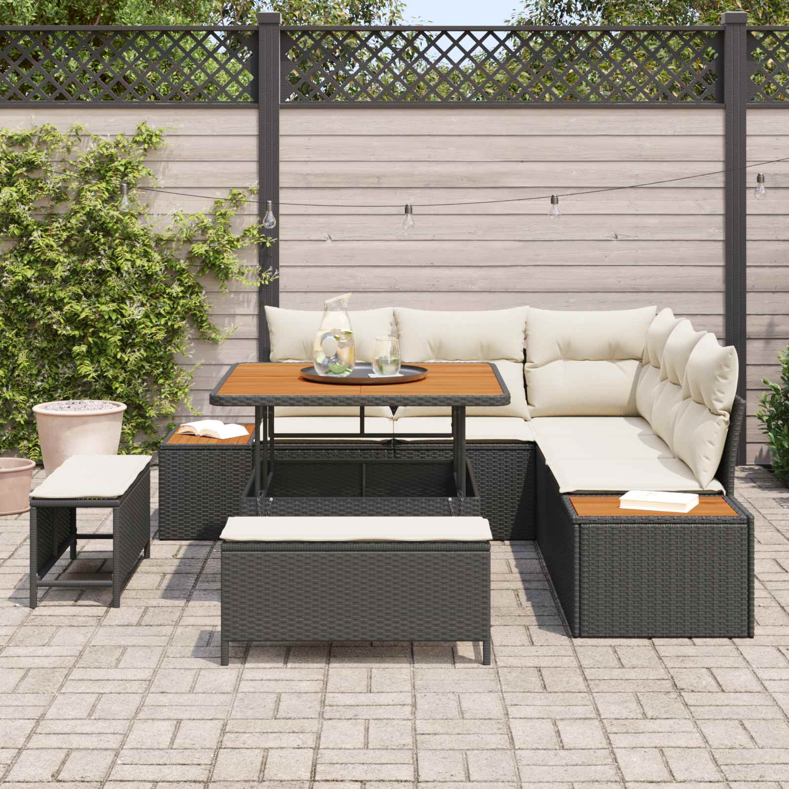 Gartensofa-set mit Kissen 8 pcs Schwarz und Creme