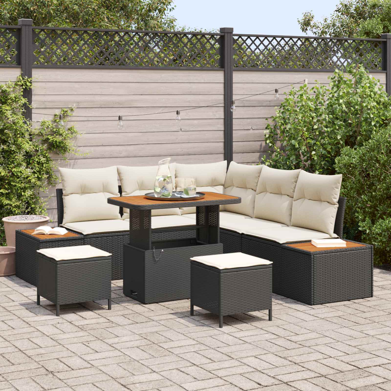 Gartensofa-set mit Kissen 8 pcs Schwarz und Creme