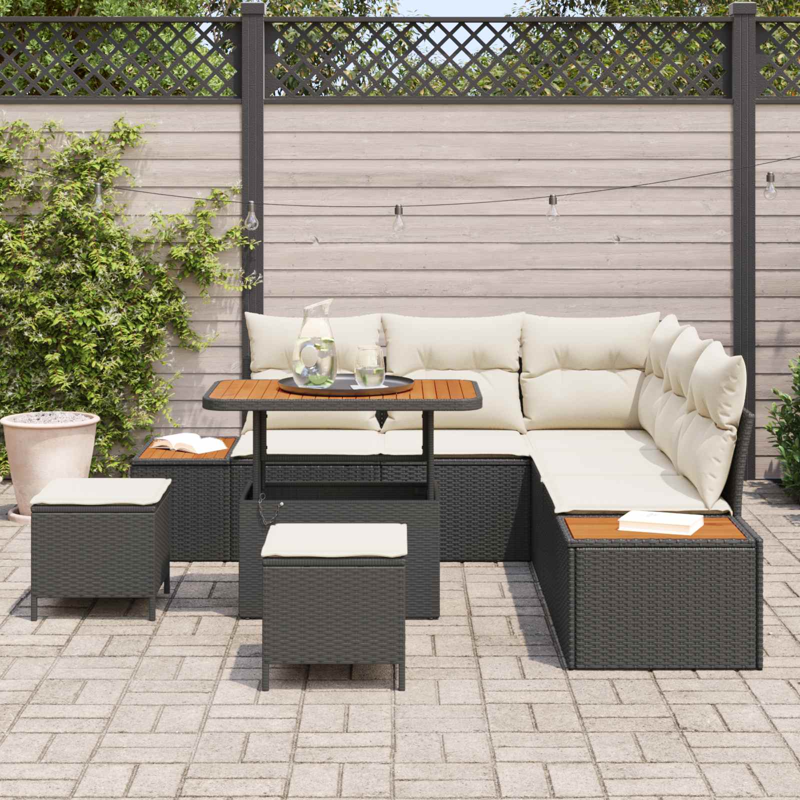 Gartensofa-set mit Kissen 8 pcs Schwarz und Creme