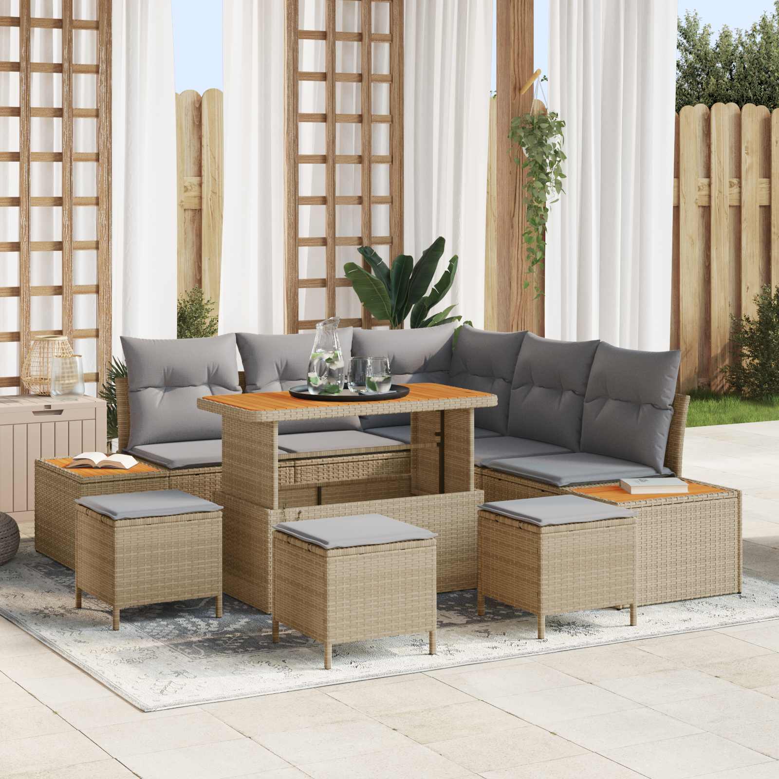 Gartensofa-set mit Kissen 9 pcs Beige und Hellgrau