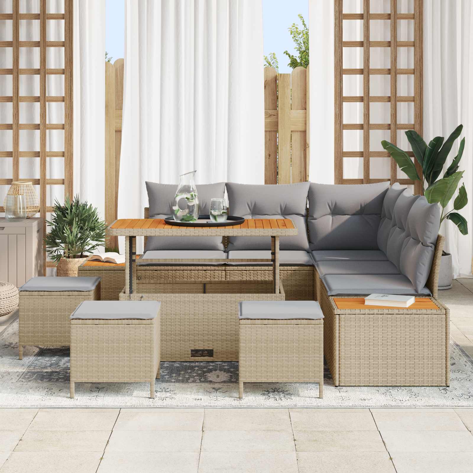 Gartensofa-set mit Kissen 9 pcs Beige und Hellgrau