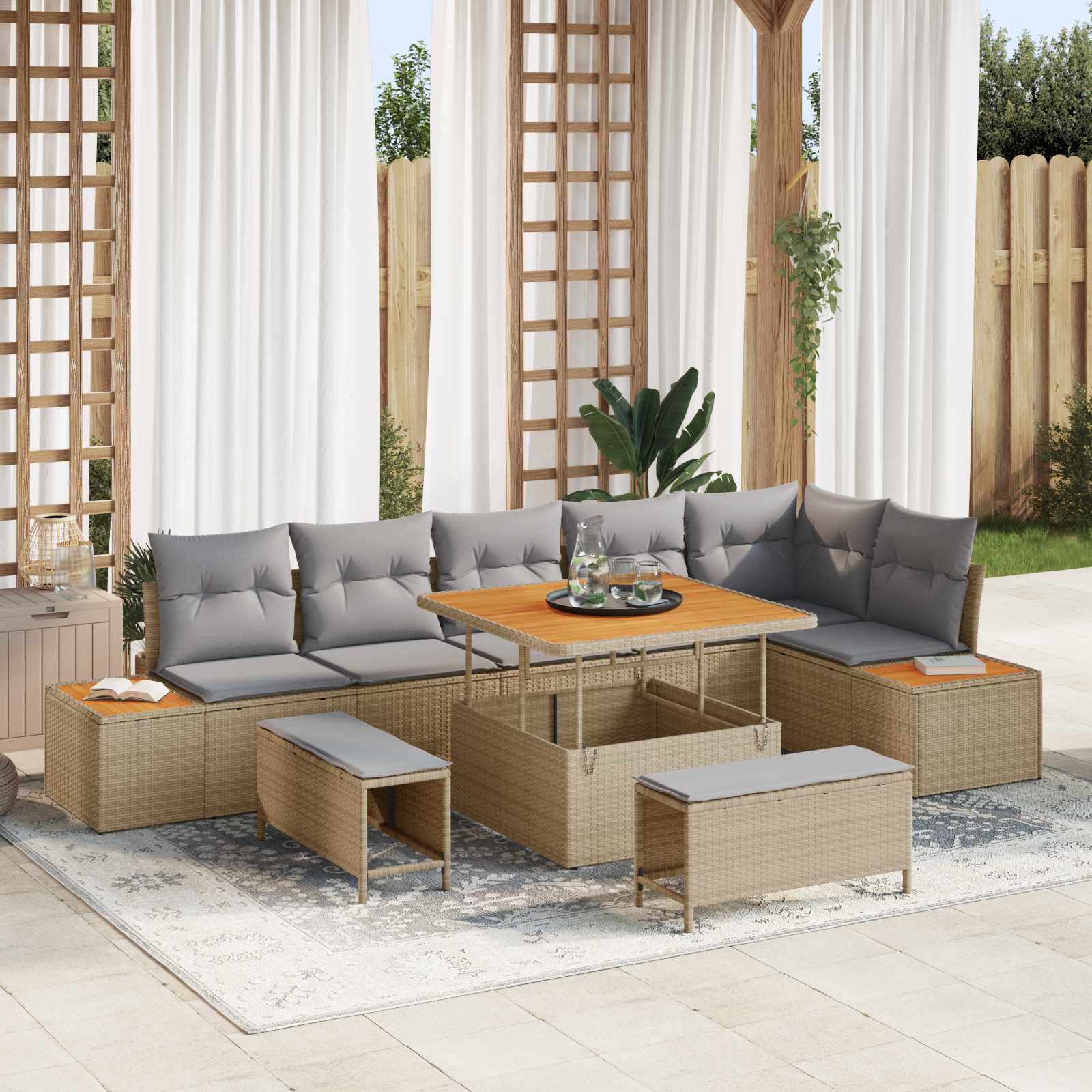 Gartensofa-set mit Kissen 9 pcs Beige und Hellgrau