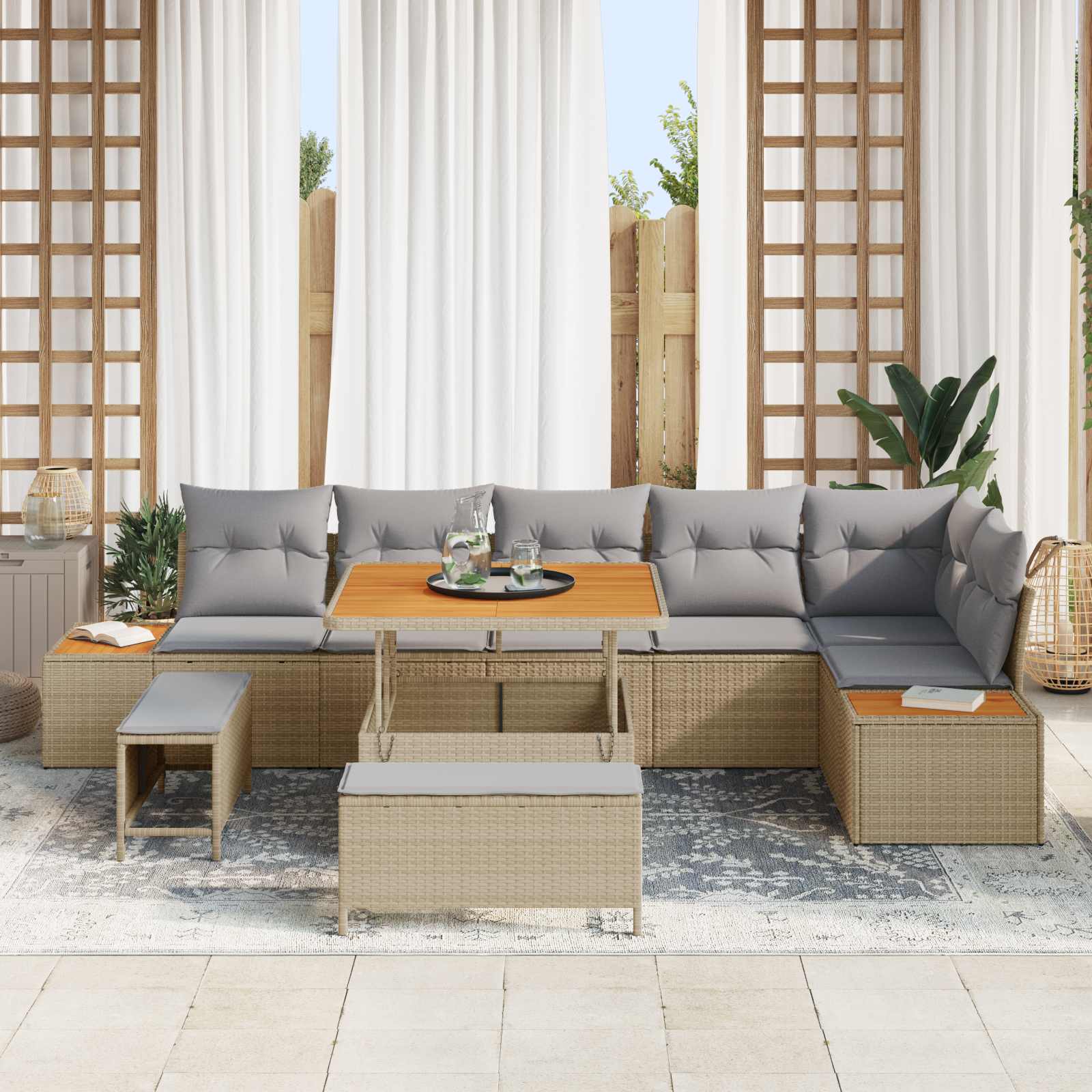 Gartensofa-set mit Kissen 9 pcs Beige und Hellgrau