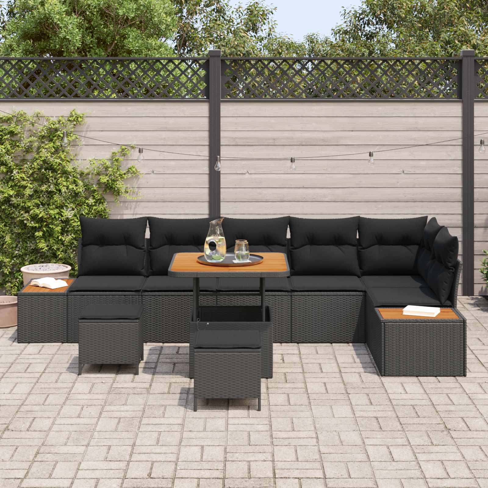 Gartensofa-set mit Kissen 9 pcs Schwarz