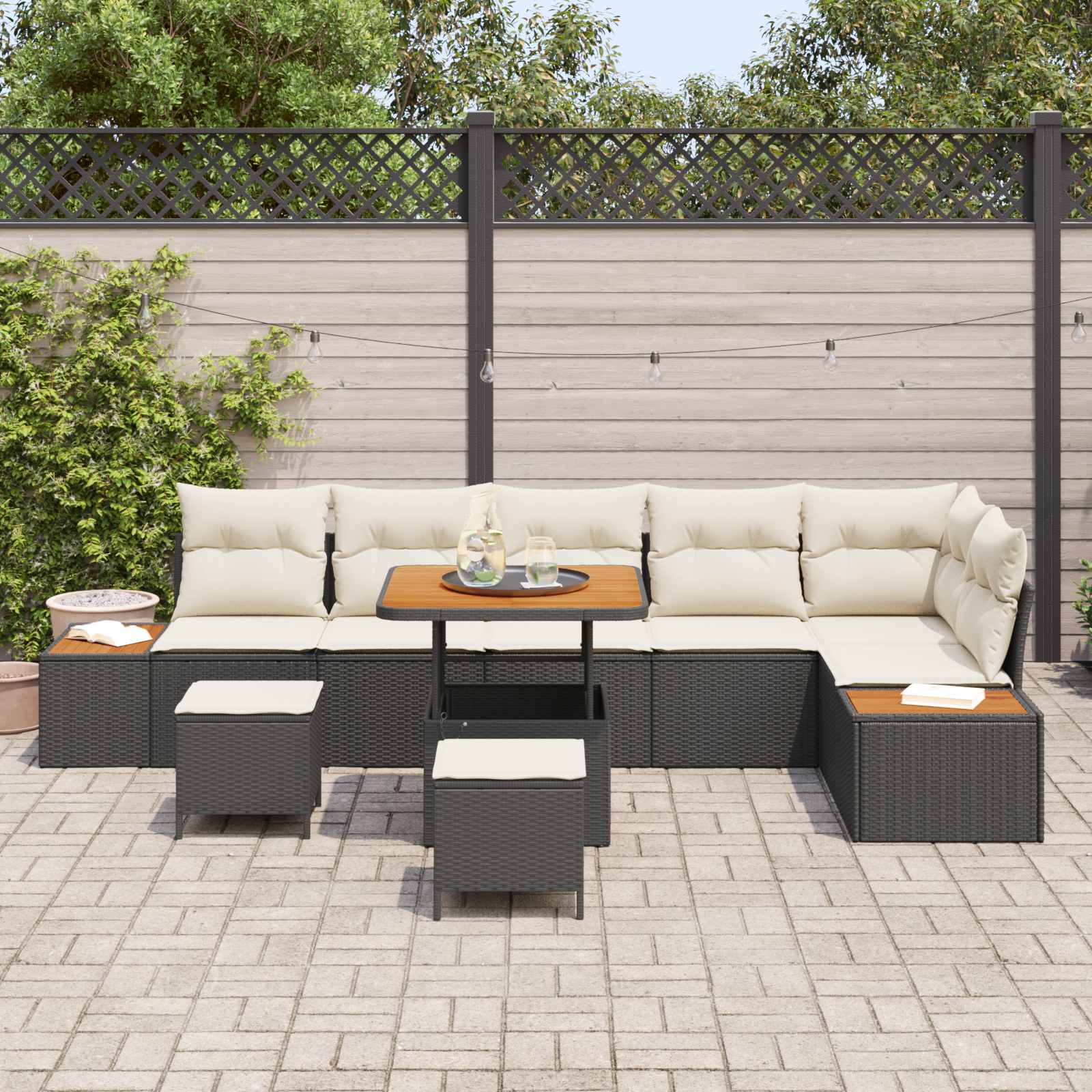 Gartensofa-set mit Kissen 9 pcs Schwarz und Creme