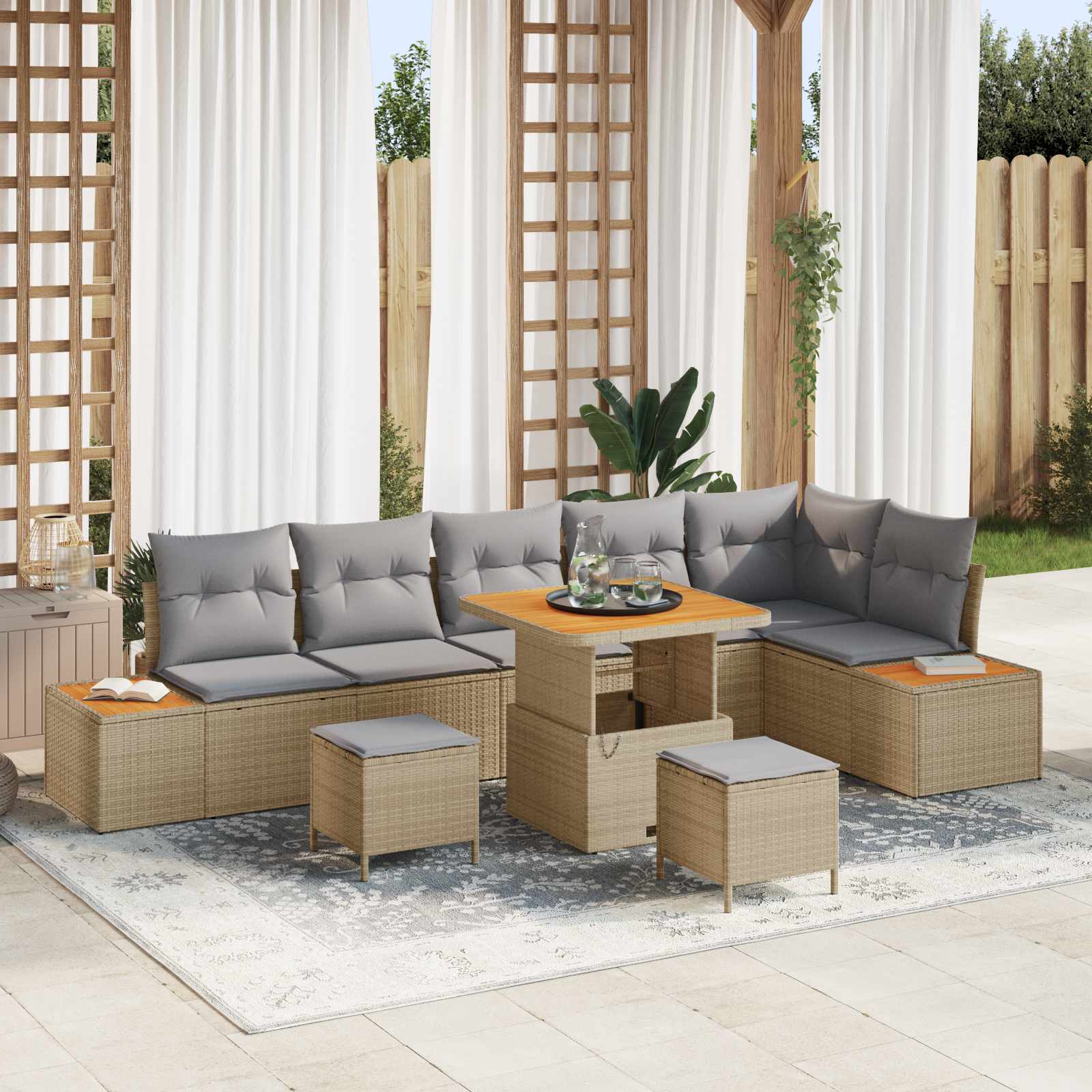 Gartensofa-set mit Kissen 9 pcs Beige und Hellgrau