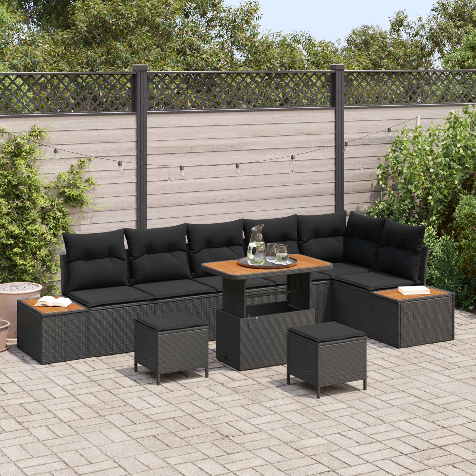 Gartensofa-set mit Kissen 9 pcs Schwarz
