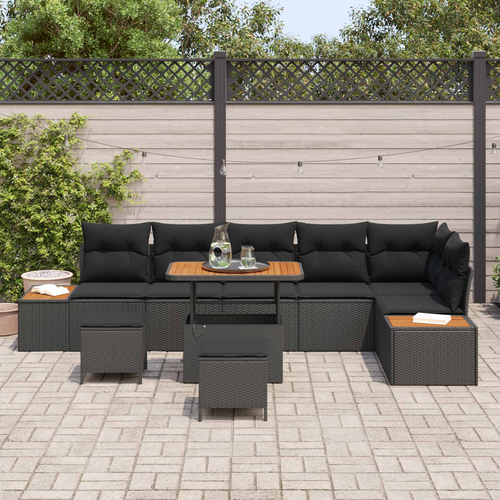 Gartensofa-set mit Kissen 9 pcs Schwarz