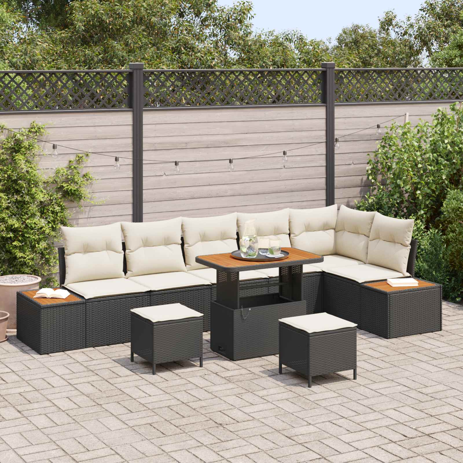 Gartensofa-set mit Kissen 9 pcs Schwarz und Creme