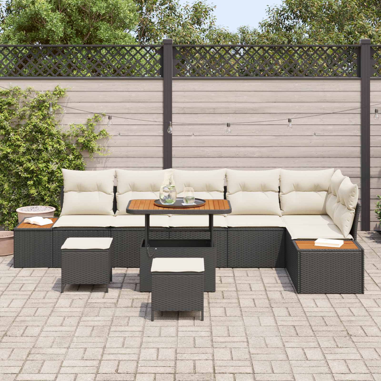 Gartensofa-set mit Kissen 9 pcs Schwarz und Creme