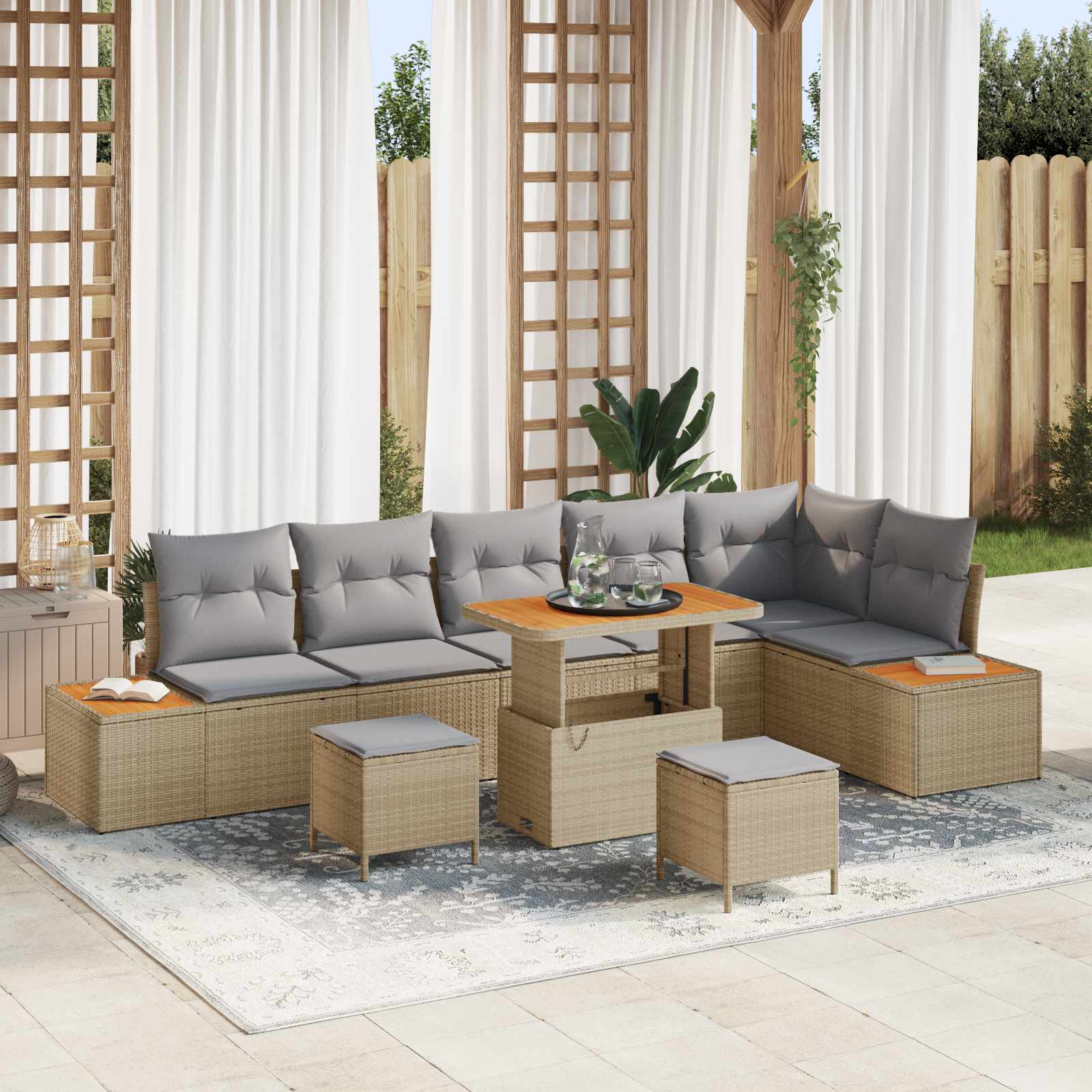 Gartensofa-set mit Kissen 9 pcs Beige und Hellgrau