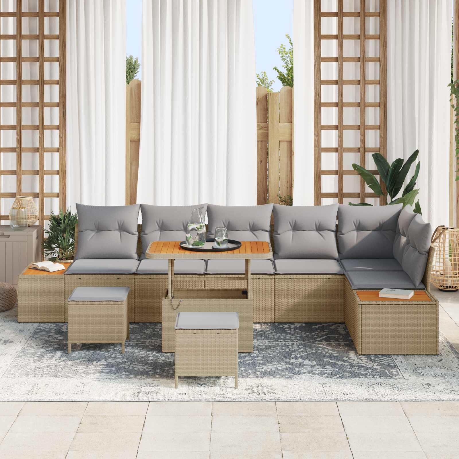 Gartensofa-set mit Kissen 9 pcs Beige und Hellgrau