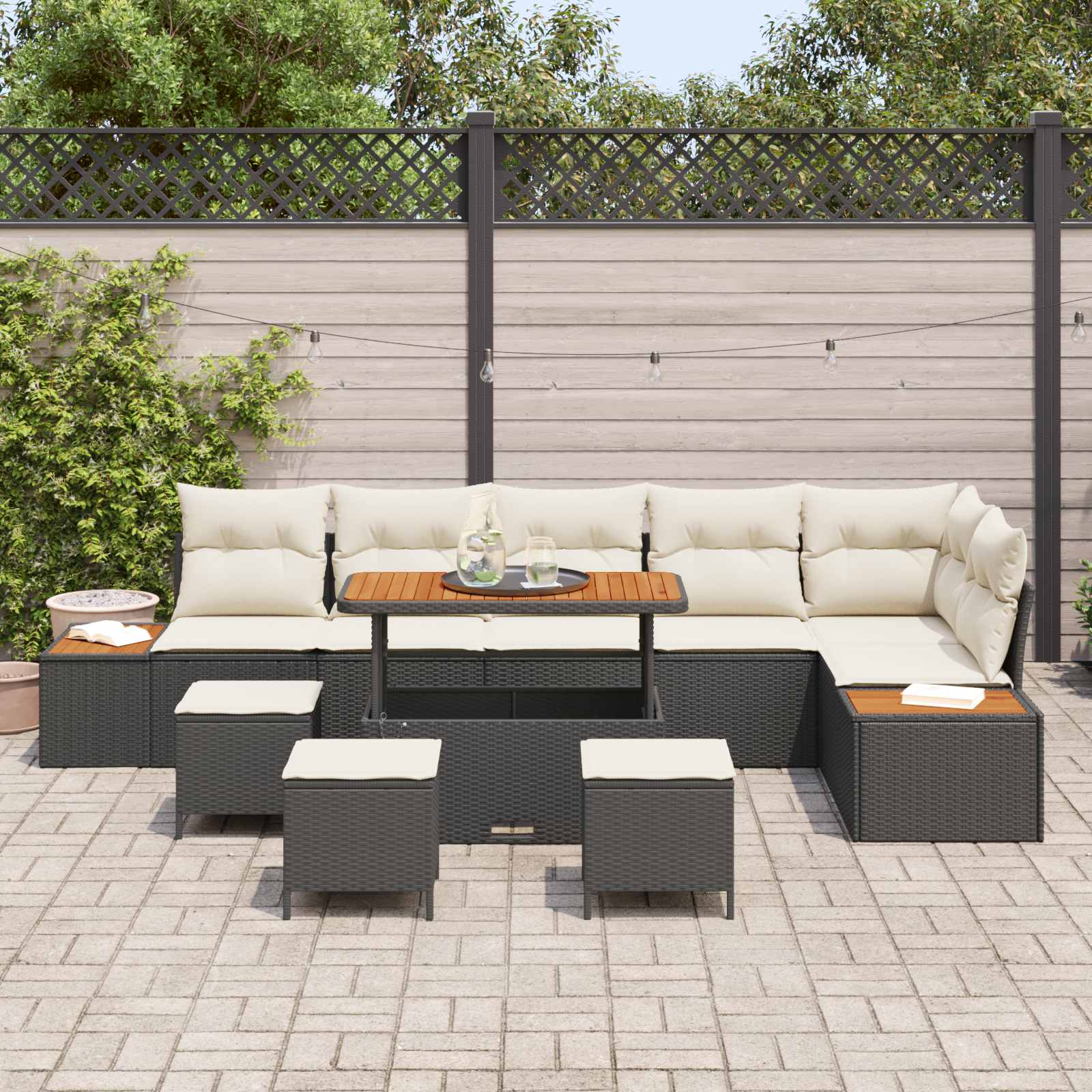 Gartensofa-set mit Kissen 10 pcs Schwarz und Creme