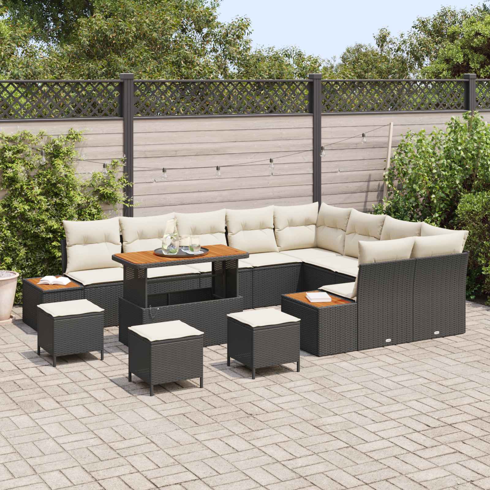 Gartensofa-set mit Kissen 13 pcs Schwarz und Creme