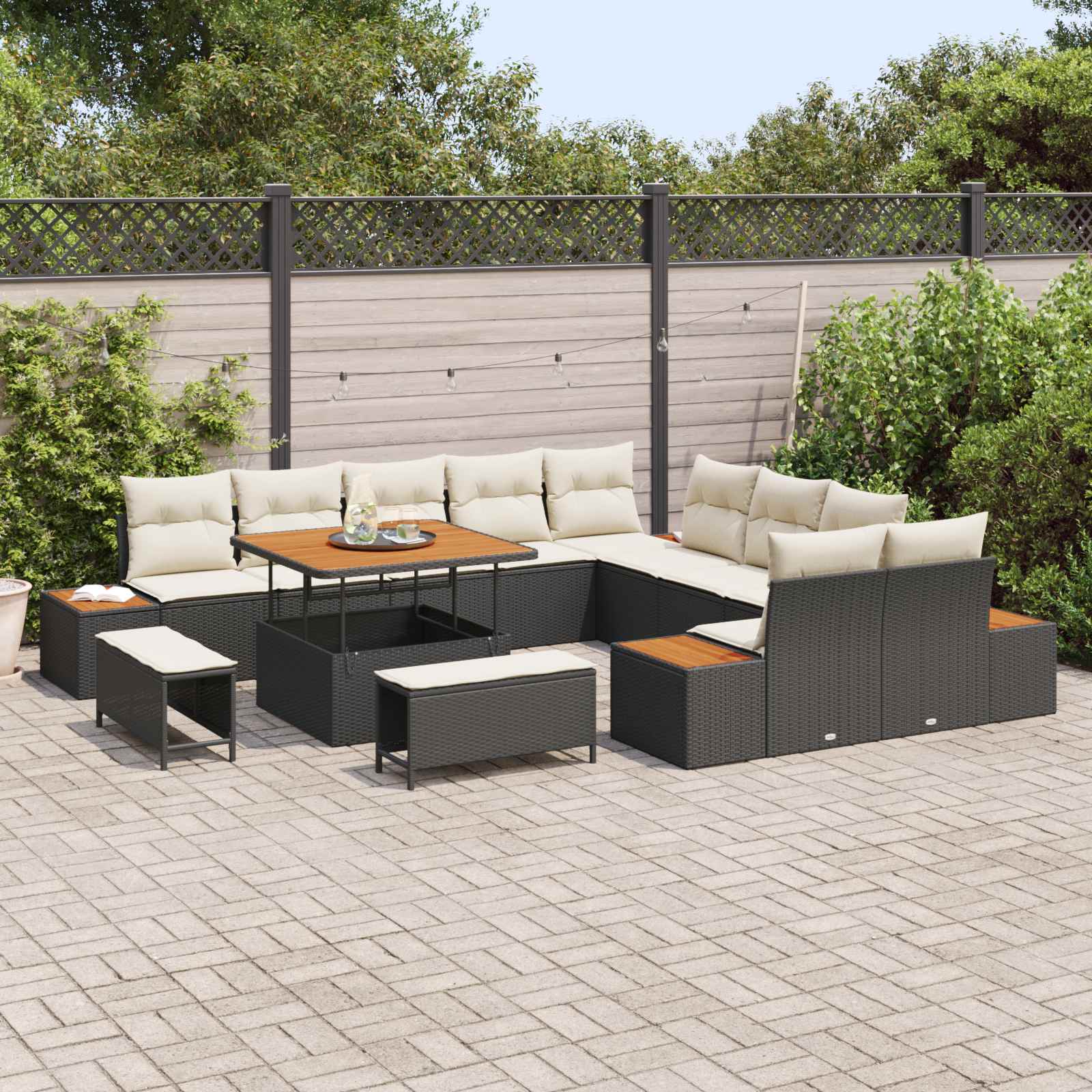 Gartensofa-set mit Kissen 13 pcs Schwarz und Creme