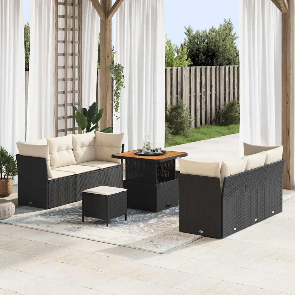 Gartensofa-set mit Kissen 9 pcs Schwarz und Creme Poly-Rattan