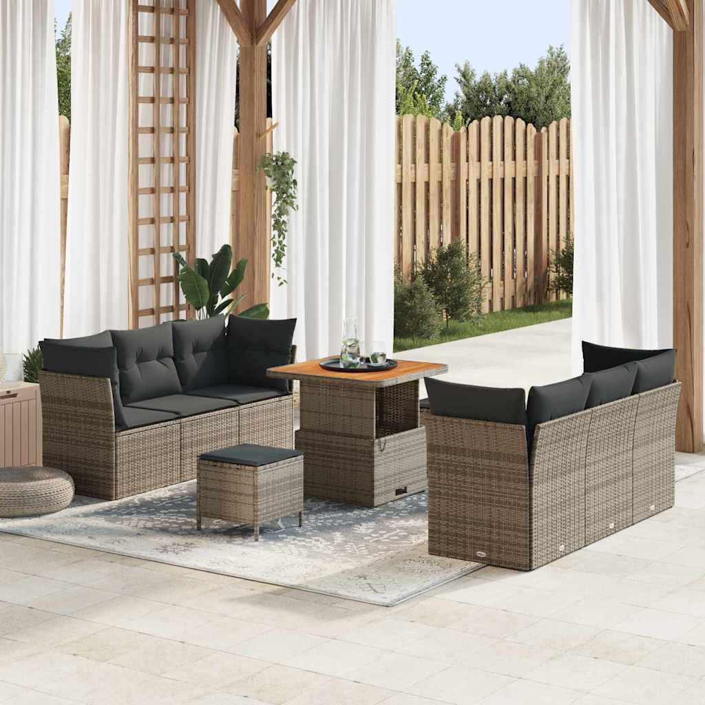 Gartensofa-set mit Kissen 9 pcs Grau Poly-Rattan