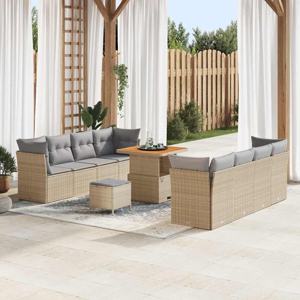 Gartensofa-set mit Kissen 11 pcs Beige und Hellgrau Poly-Rattan