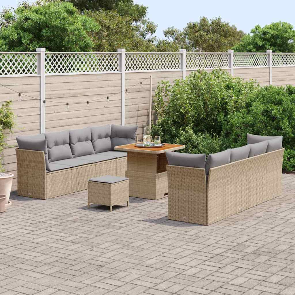 Gartensofa-set mit Kissen 11 pcs Beige und Hellgrau Poly-Rattan