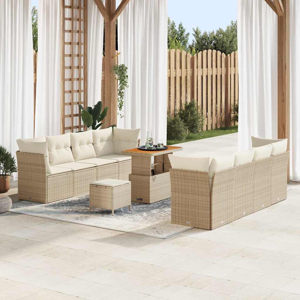 Gartensofa-set mit Kissen 11 pcs Beige und Creme Poly-Rattan