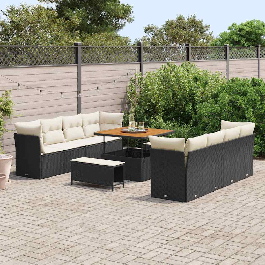 Gartensofa-set mit Kissen 11 pcs Schwarz und Creme Poly-Rattan