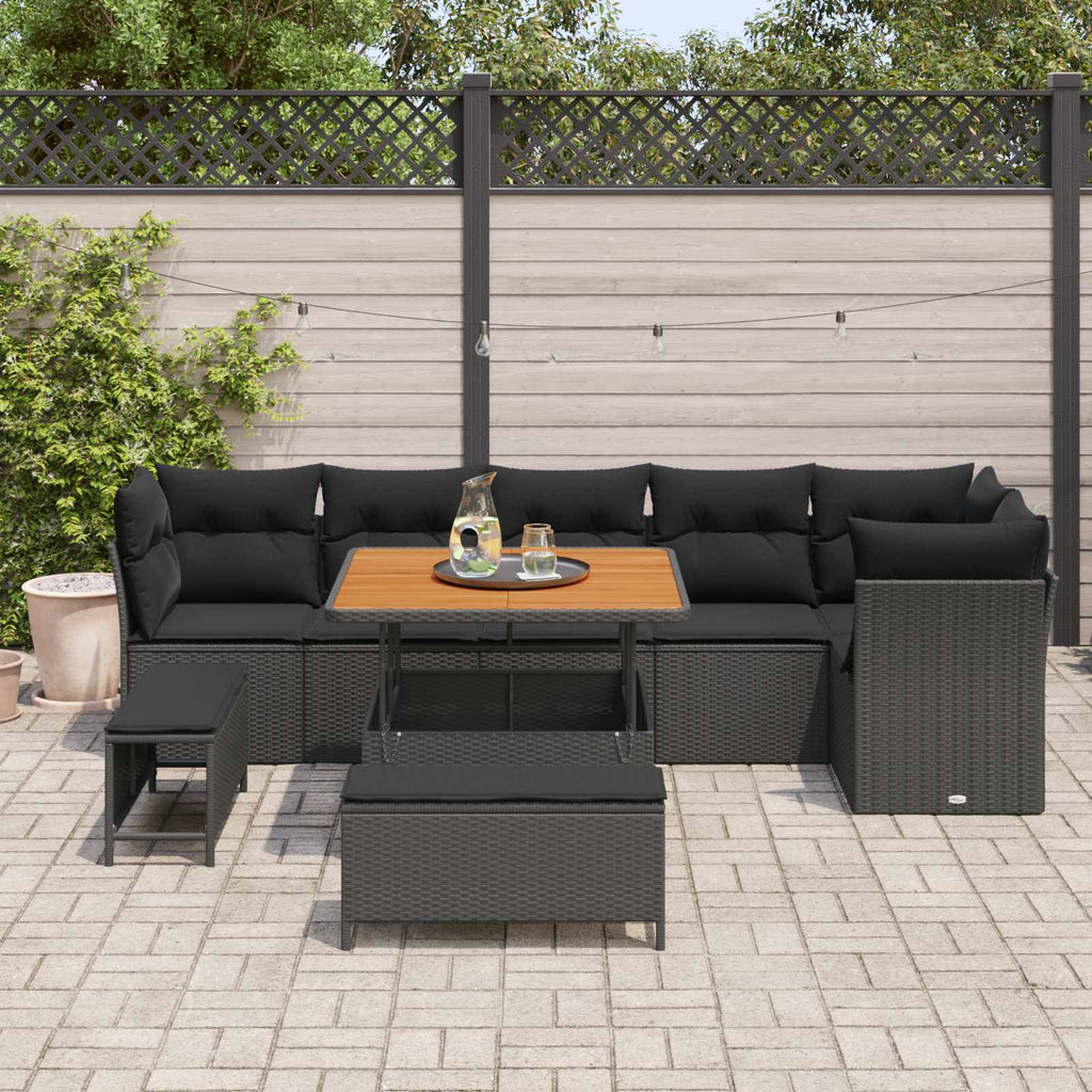 Garten-Sofa-Set mit Kissen mit Speicher 9 pcs Schwarz
