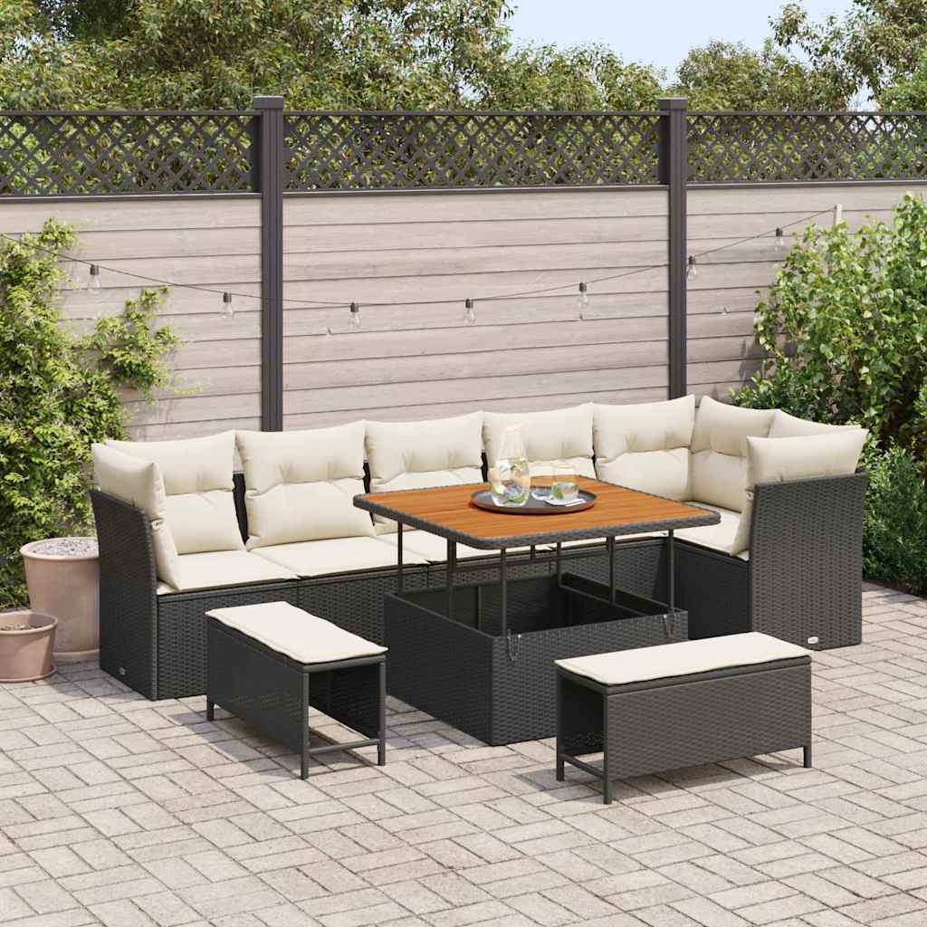 Garten-Sofa-Set mit Kissen mit Speicher 9 pcs Schwarz und Creme