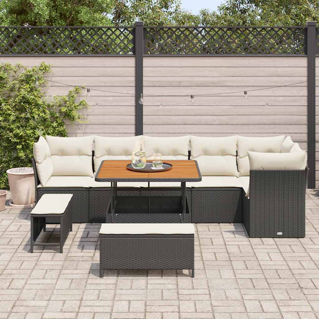 Garten-Sofa-Set mit Kissen mit Speicher 9 pcs Schwarz und Creme