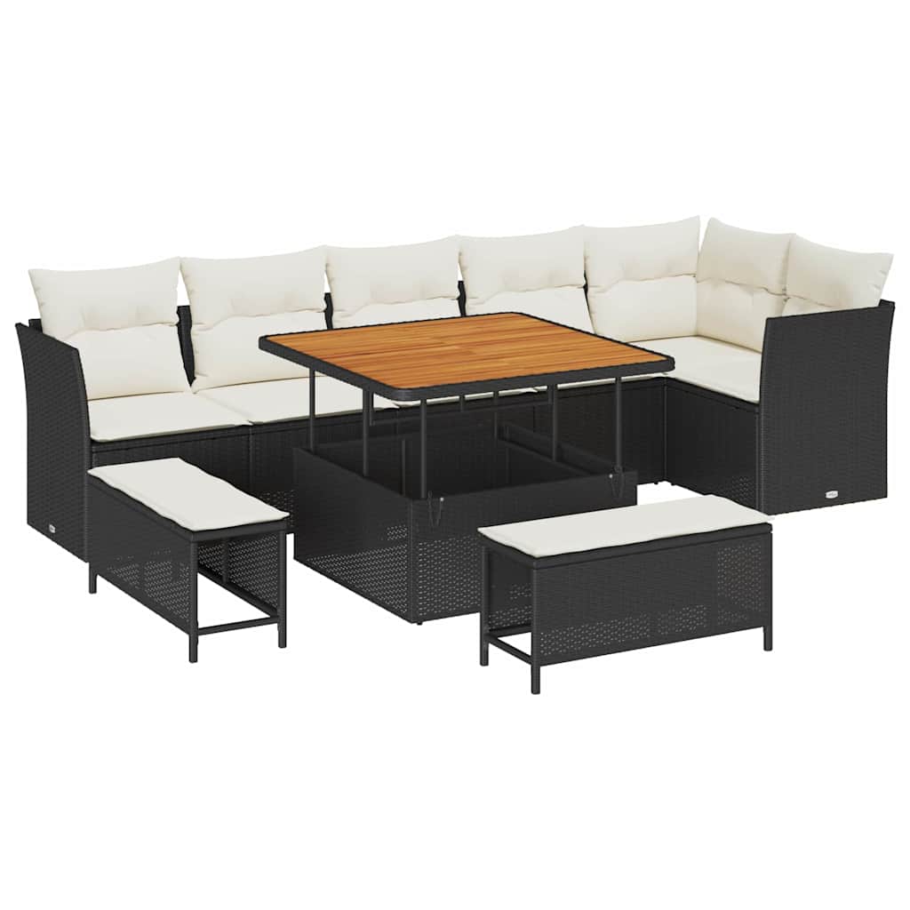 Garten-Sofa-Set mit Kissen mit Speicher 9 pcs Schwarz und Creme