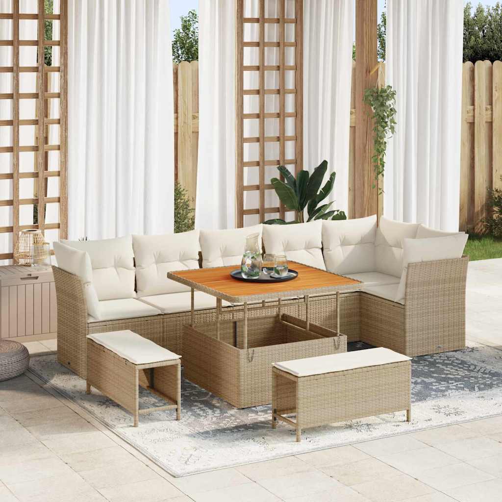 Garten-Sofa-Set mit Kissen mit Speicher 9 pcs Beige und Creme