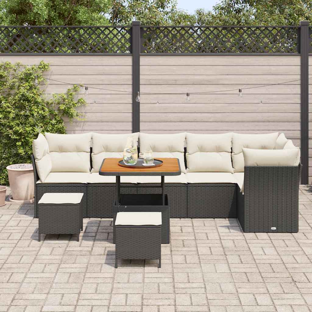 Garten-Sofa-Set mit Kissen mit Speicher 9 pcs Schwarz und Creme