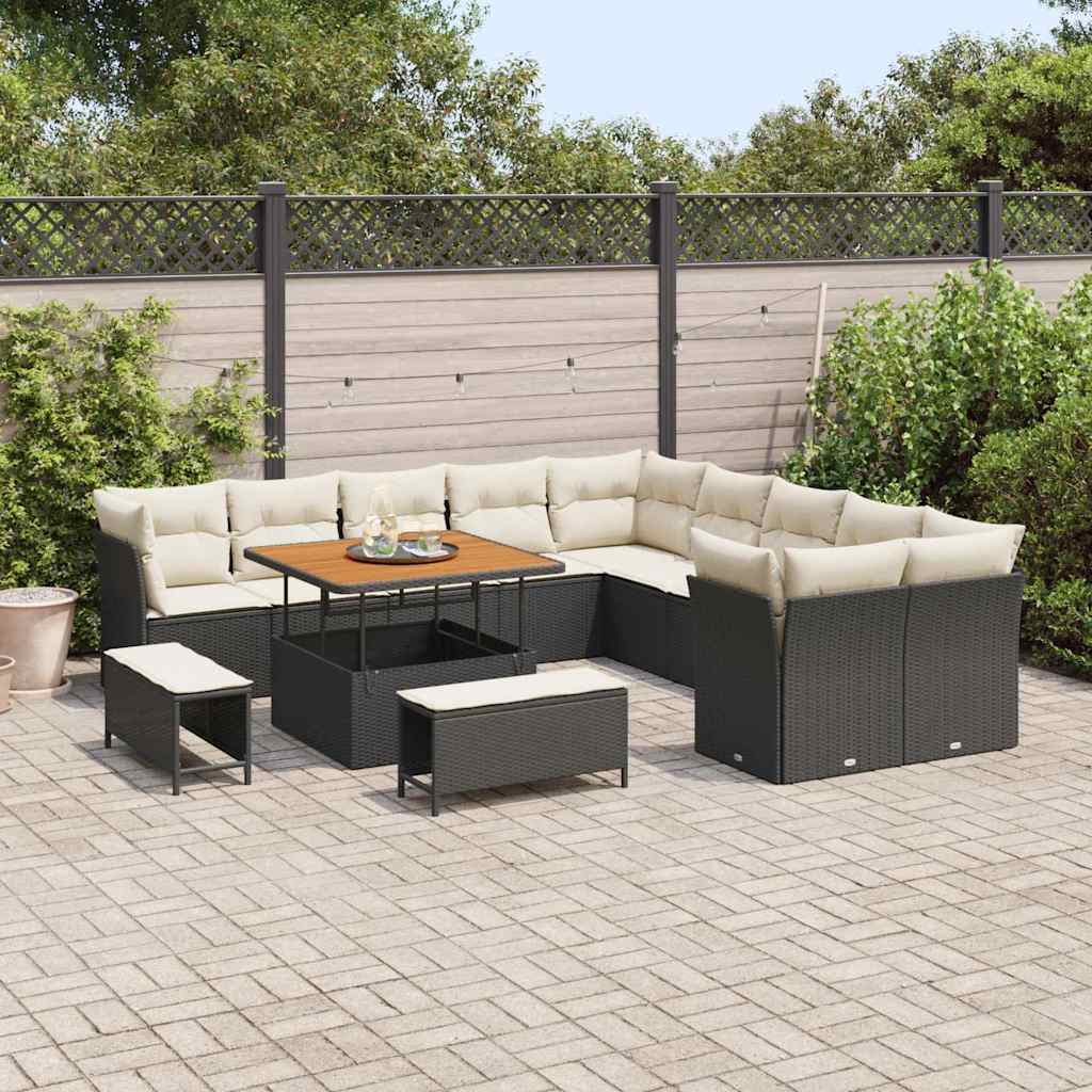 Gartensofa-set mit Kissen 13 pcs Schwarz und Creme Poly-Rattan