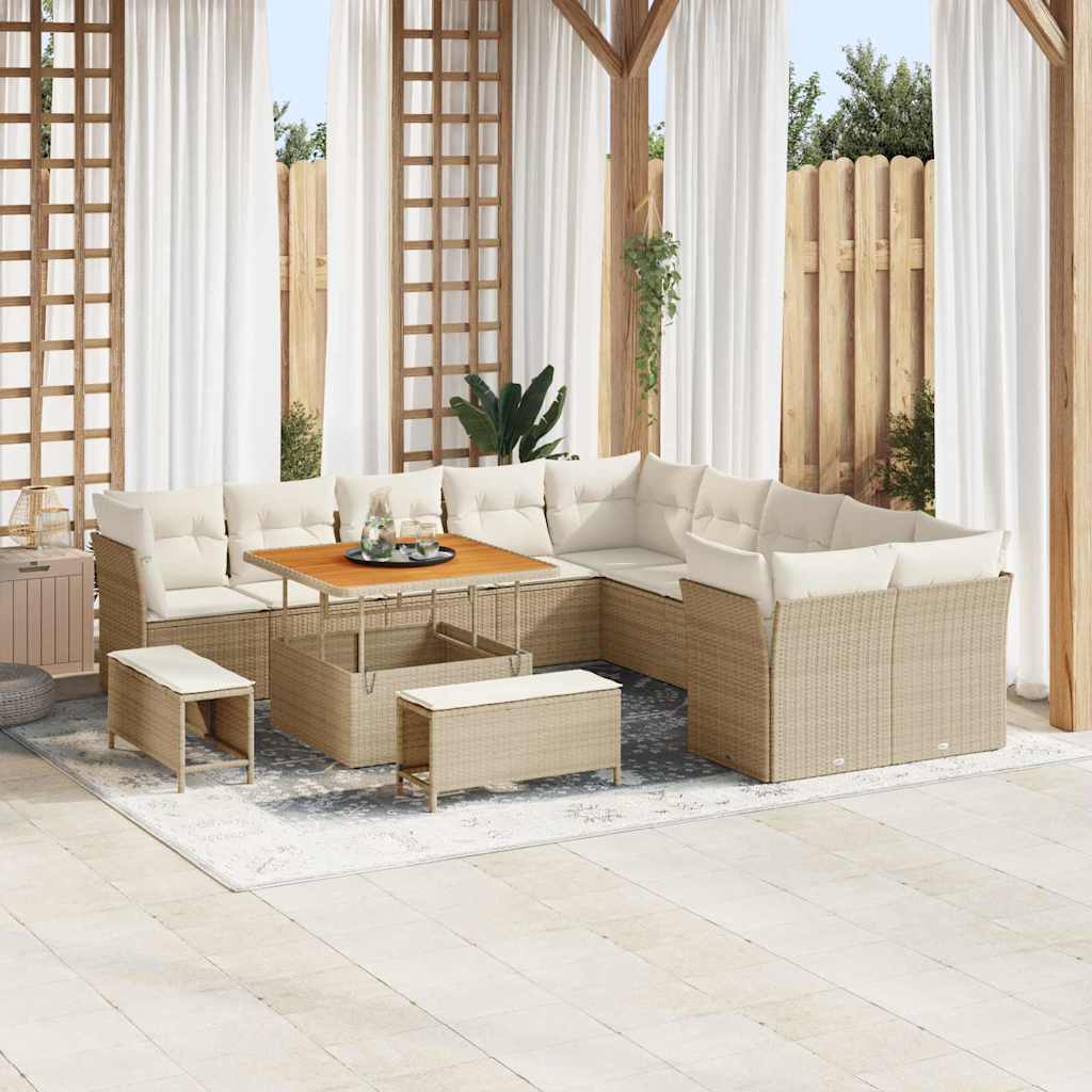 Gartensofa-set mit Kissen 13 pcs Beige und Creme Poly-Rattan