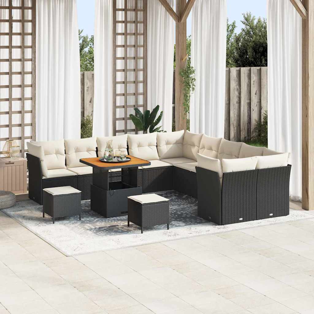 Gartensofa-set mit Kissen 13 pcs Schwarz und Creme Poly-Rattan