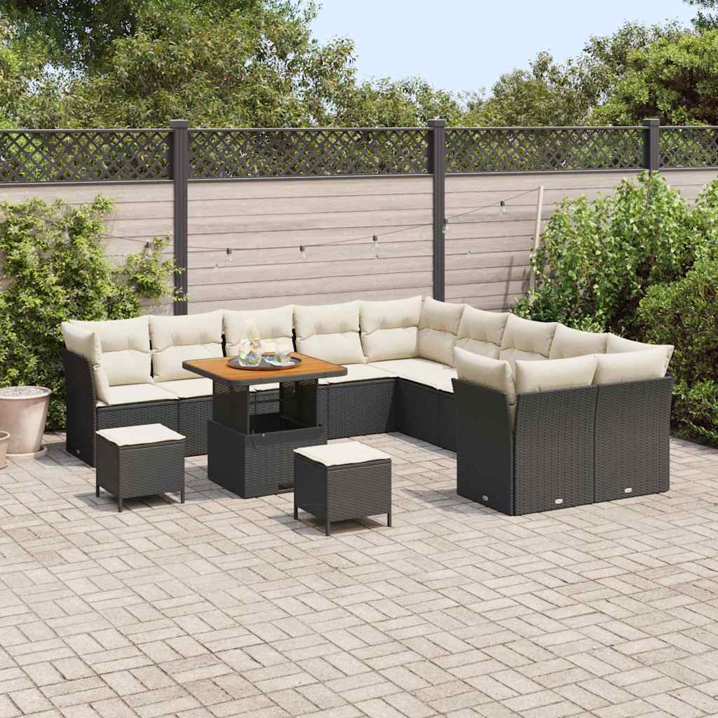 Gartensofa-set mit Kissen 13 pcs Schwarz und Creme Poly-Rattan